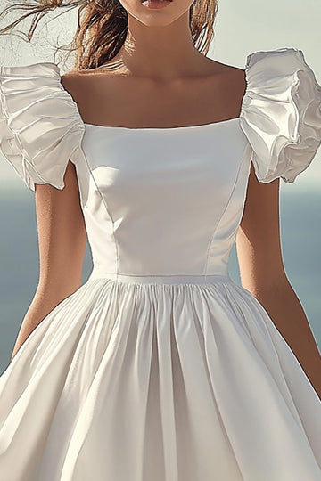A Line White Puff Sleeves Ruched Short Graduation Dress